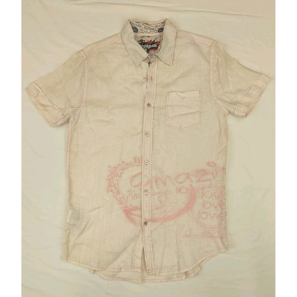 Desigual Regular‎ Fit M Light Pink Button Up Shirt Embroidered Linen